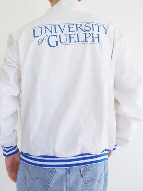 King Cotton White University of Guelph Striped Cotton Varsity Bomber Jacket M